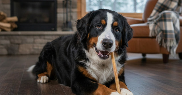 A Bernese Mountain Dog lying by a fireplace, working on a long 12-inch bully stick