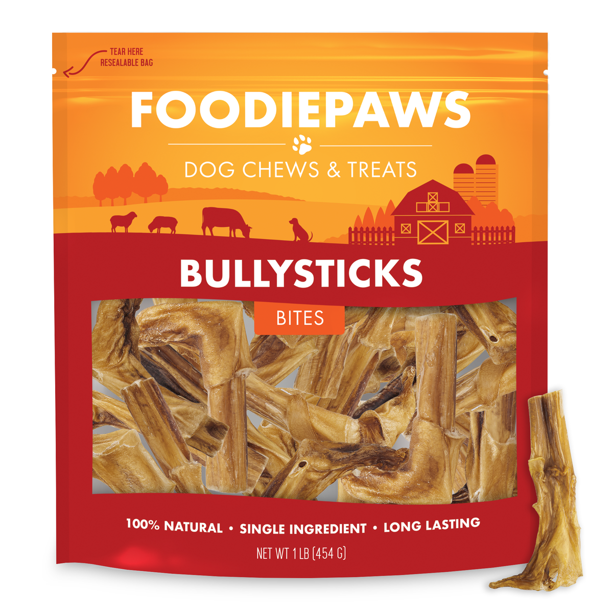 A resealable one pound Foodiepaws bag of bite-size bully stick pieces with a short dried chew piece standing alongside it