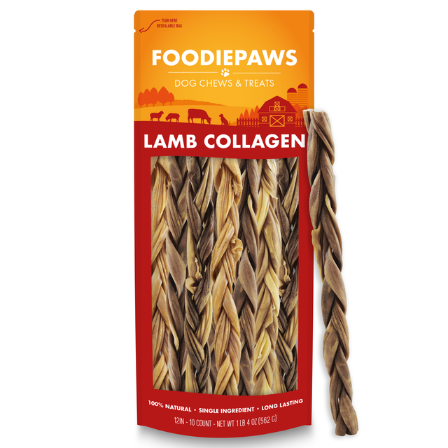 A resealable Foodiepaws bag of 12-inch lamb collagen sticks with one long braided lamb collagen stick standing upright alongside it