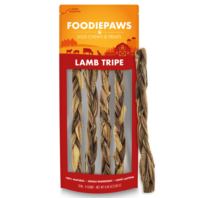 A resealable Foodiepaws bag of 12-inch lamb tripe sticks with four twisted sticks visible through its window and one standing upright beside it