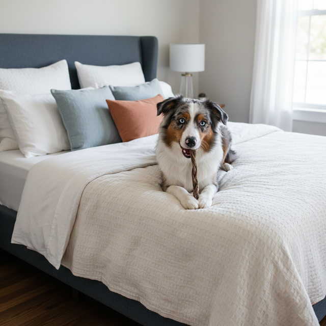 An Australian shepherd lying on a made bed in a bright bedroom with a twisted lamb tripe stick held in its mouth