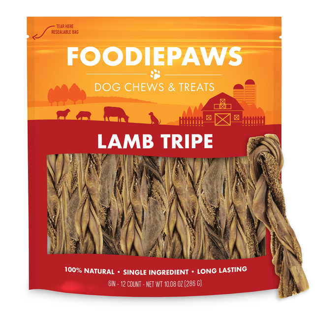 A resealable Foodiepaws bag of 6-inch lamb tripe sticks with a single twisted dried lamb tripe stick standing alongside it