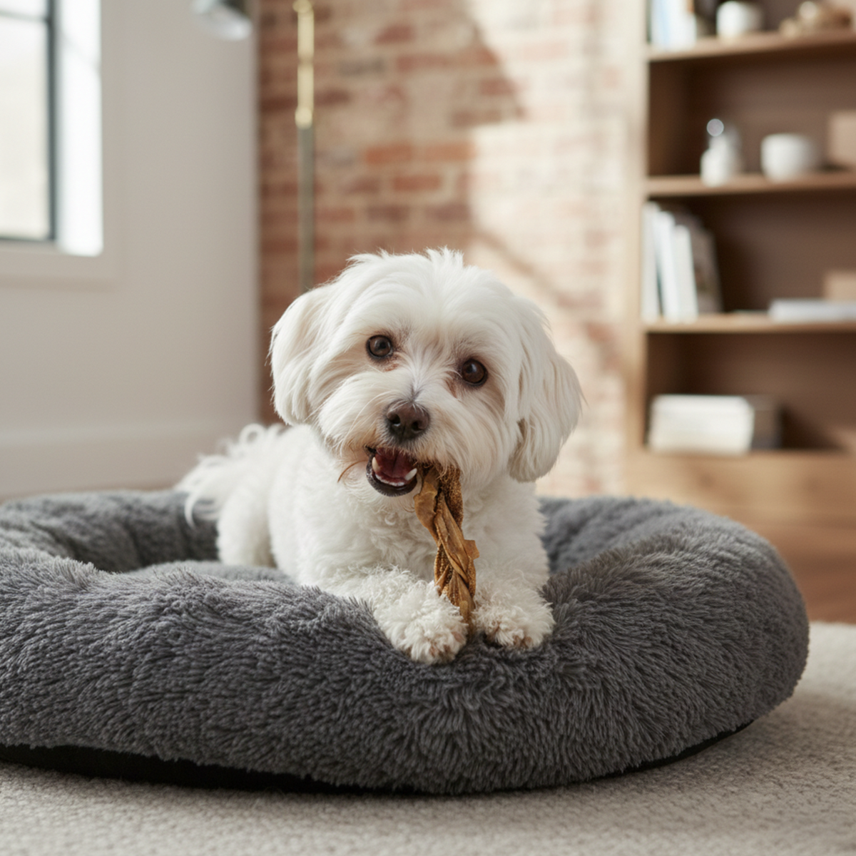 A small white fluffy dog lying on a round gray plush bed holding a twisted dried lamb tripe stick in its mouth