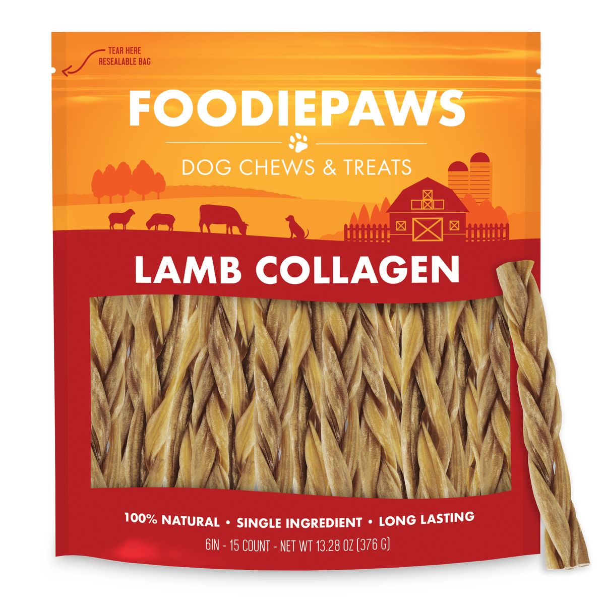 A resealable Foodiepaws bag of 6-inch lamb collagen sticks with braided sticks visible through the front window and one braided stick standing beside it