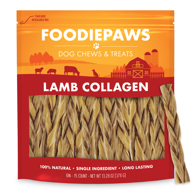 A resealable Foodiepaws bag of 6-inch lamb collagen sticks with braided sticks visible through the front window and one braided stick standing beside it