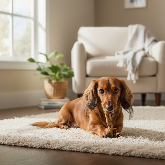 A long-haired red dachshund lying on a cream rug in a sunlit living room chewing a braided lamb collagen stick held between its front paws