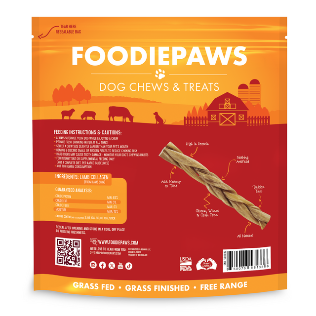 The back of a Foodiepaws lamb collagen chew bag showing the feeding instructions and cautions, an ingredient line reading lamb collagen from lamb skin, and the guaranteed analysis panel