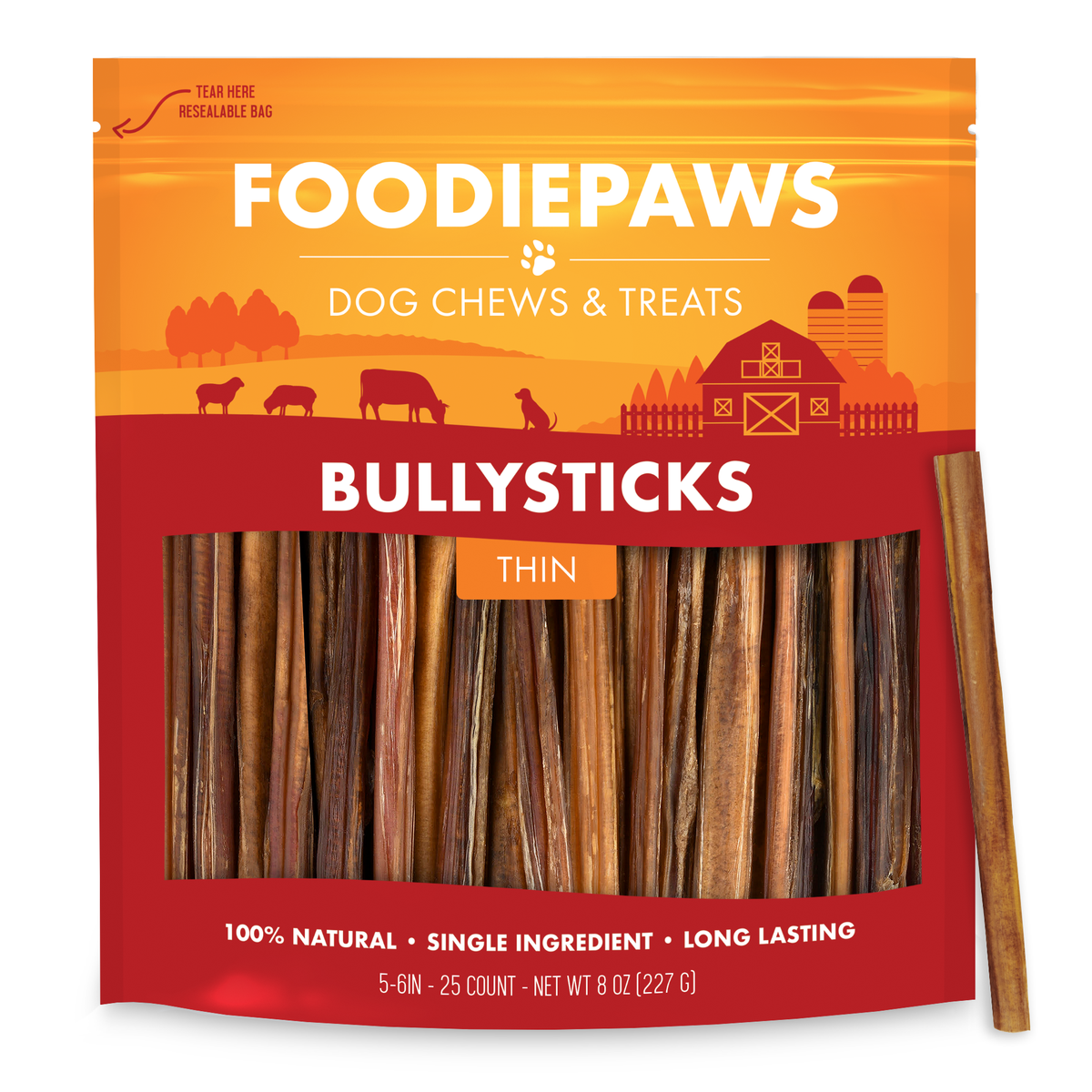 A resealable Foodiepaws bag of 5-6 inch thin bully sticks with a single slim dried beef stick standing alongside it