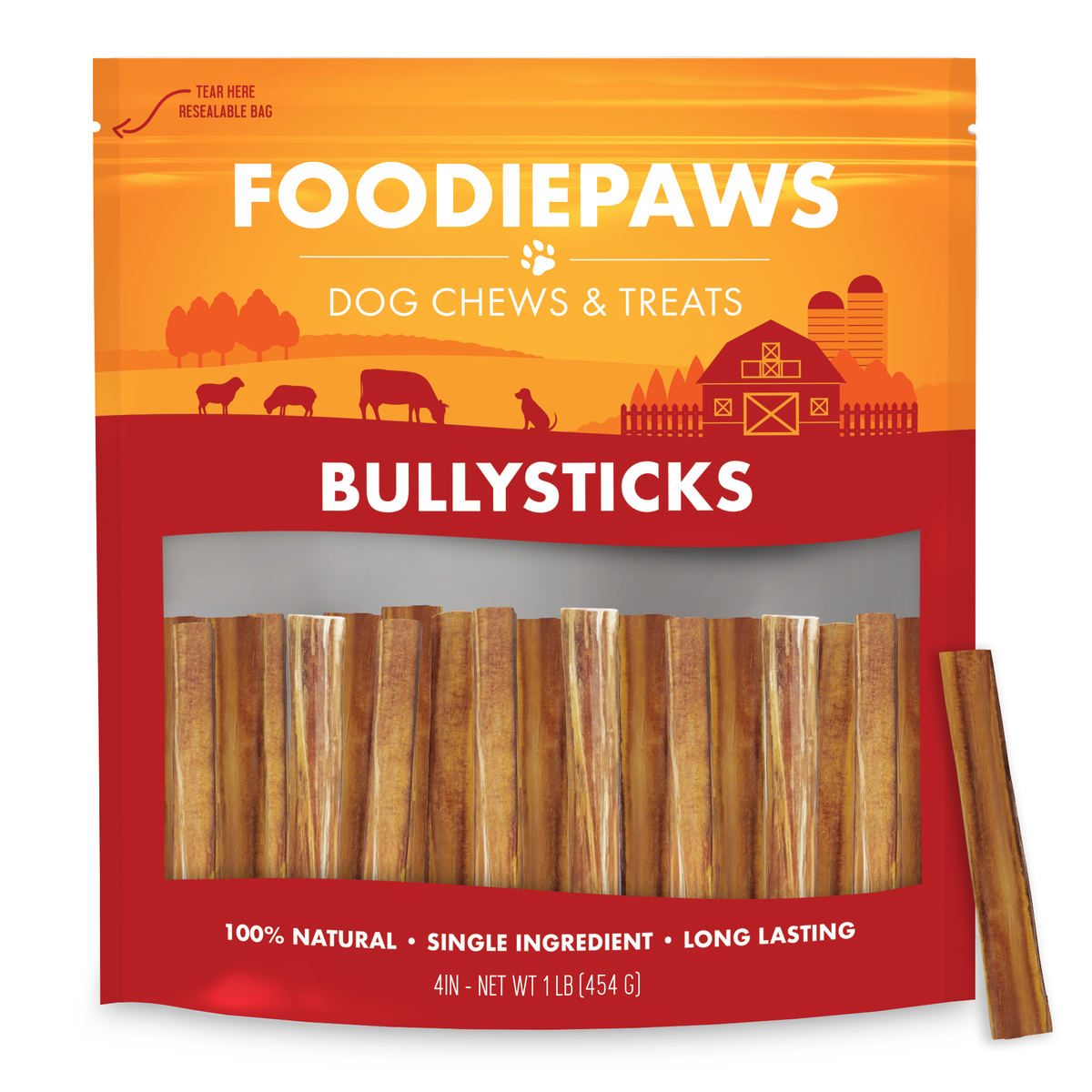 4-Inch Bully Sticks in a resealable 1 lb Foodiepaws bag with short natural beef bully sticks in front
