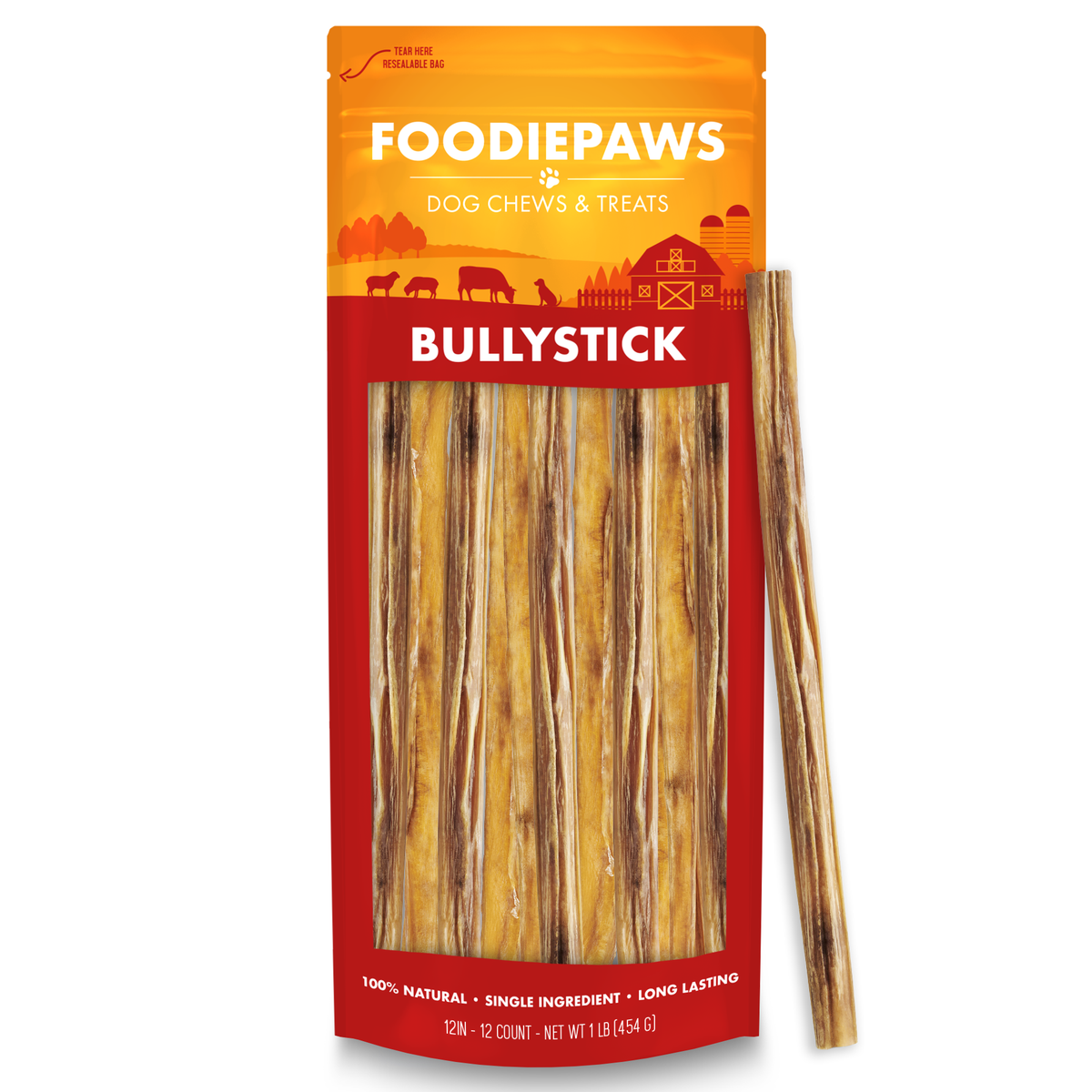A 1 lb resealable Foodiepaws bag of 12-inch bully sticks with two bare 12-inch sticks standing alongside