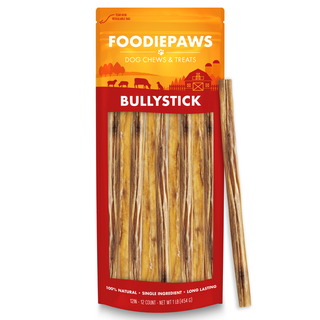 A 1 lb resealable Foodiepaws bag of 12-inch bully sticks with two bare 12-inch sticks standing alongside