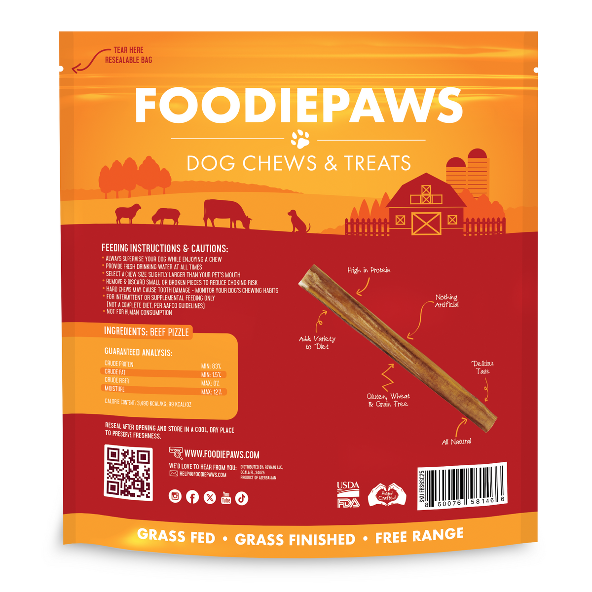 The back of a Foodiepaws bully stick bag showing feeding instructions, an ingredients line reading beef pizzle, and the guaranteed analysis panel