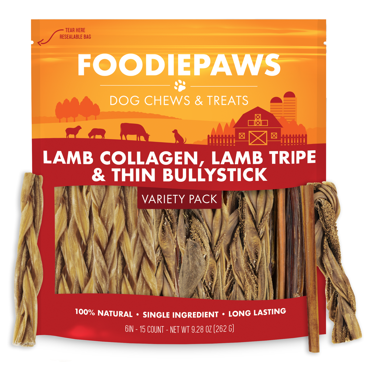 A resealable Foodiepaws variety pack bag of lamb collagen, lamb tripe and thin bully sticks, with a few loose chews standing alongside it