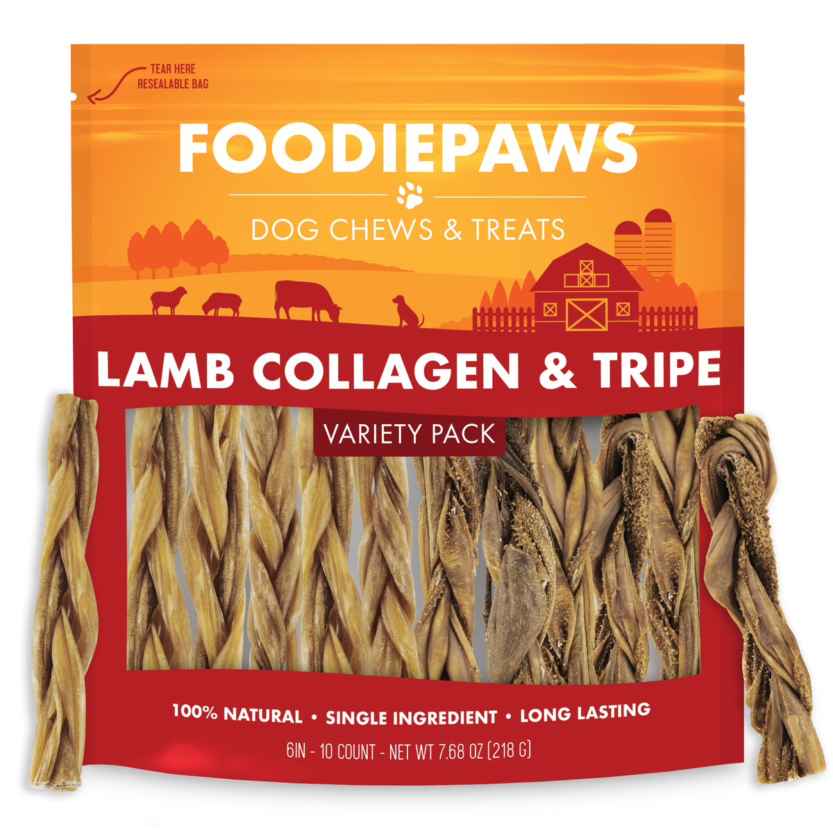 A resealable Foodiepaws bag of the ten-count lamb collagen and tripe variety pack with braided and twisted dried lamb chews stacked in front