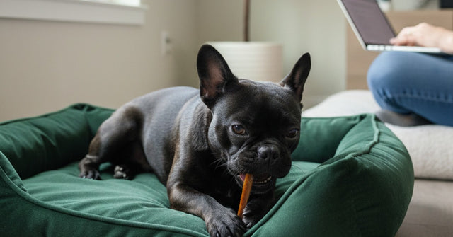 A small French Bulldog on a green dog bed chewing a short bully stick, supervised by its owner nearby