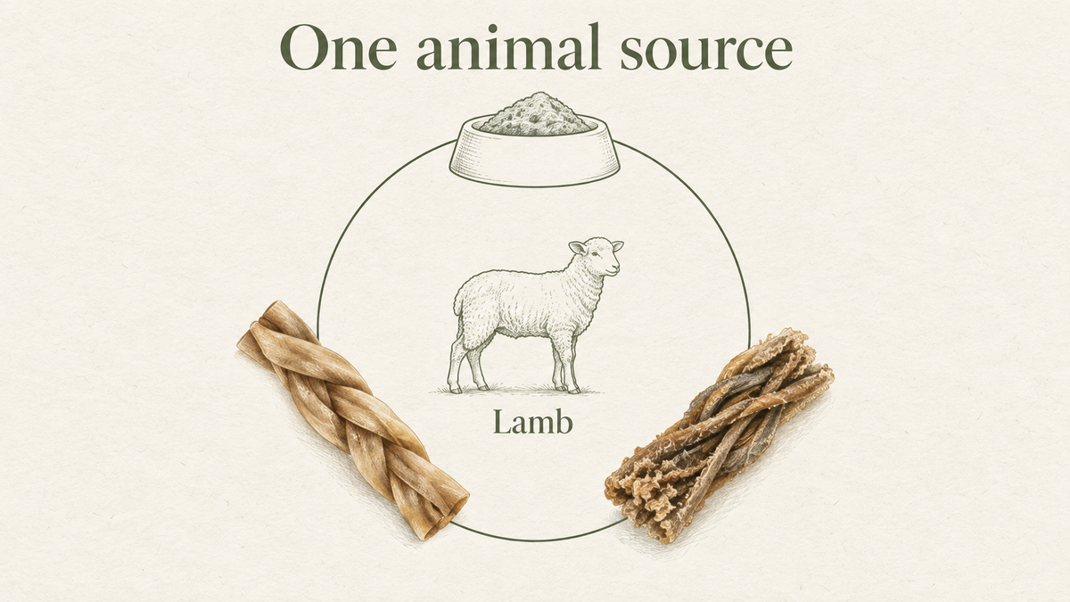 A circular illustration links a lamb source with a food-bowl symbol, a collagen braid and folded tripe.