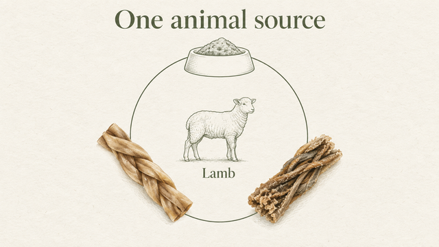 A circular illustration links a lamb source with a food-bowl symbol, a collagen braid and folded tripe.