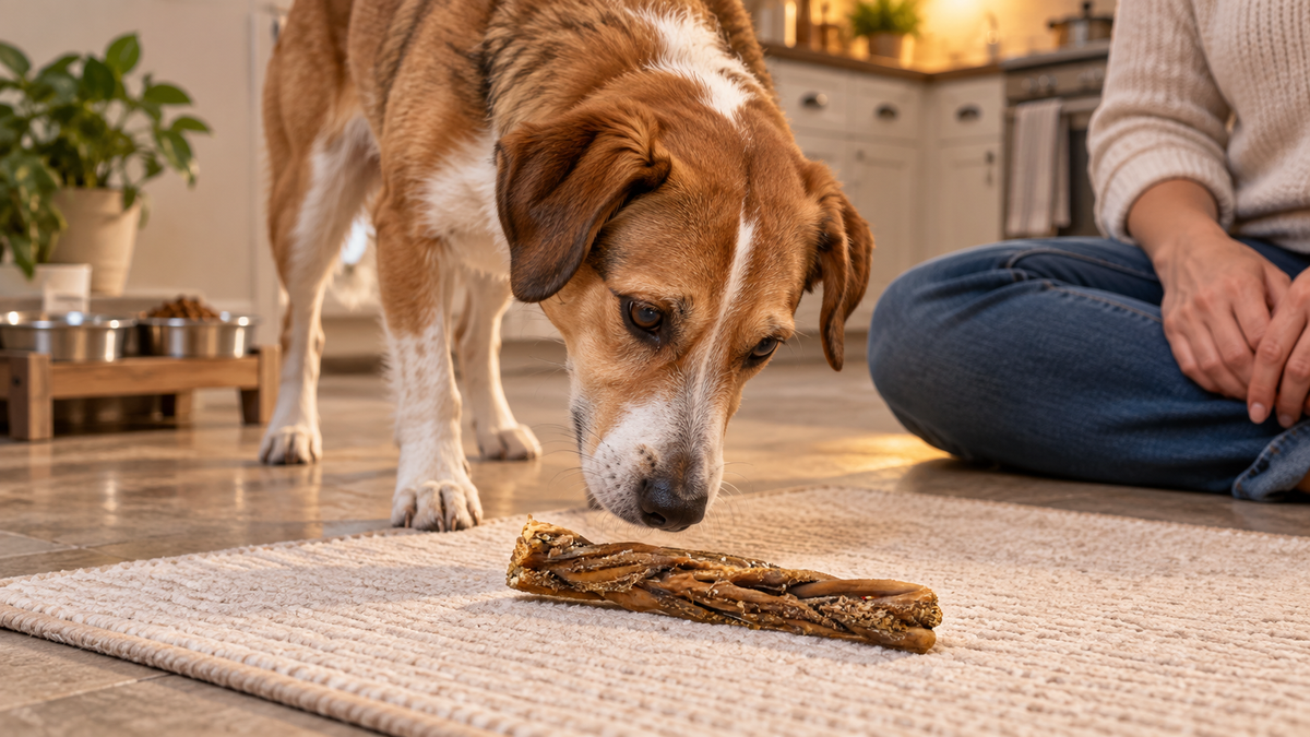 A dog investigates a single lamb tripe twist on a clean mat while its owner sits nearby.