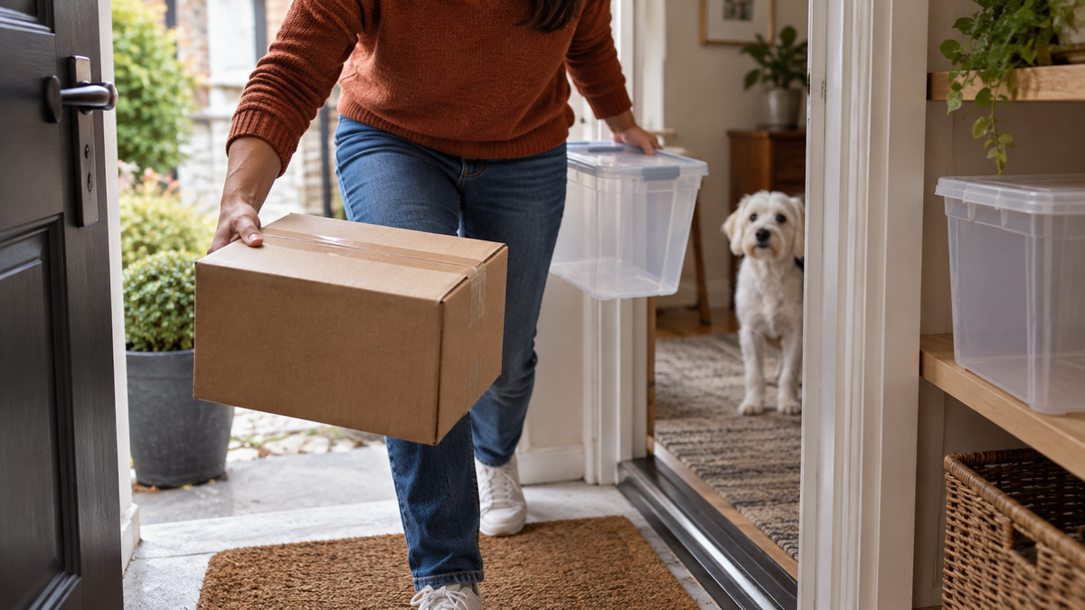 An adult brings a plain closed parcel inside while a dog waits away from the threshold and empty storage bins sit nearby.