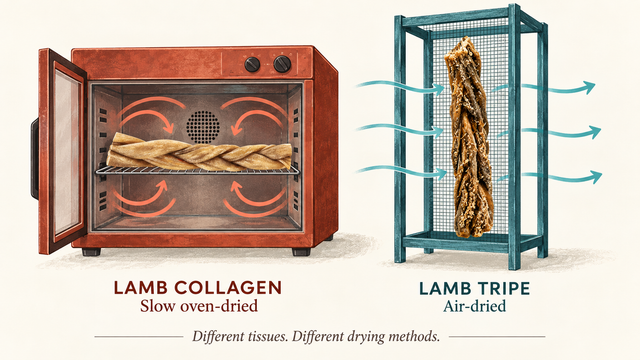 Conceptual illustration comparing slow oven-drying for lamb collagen with air-drying for lamb tripe.