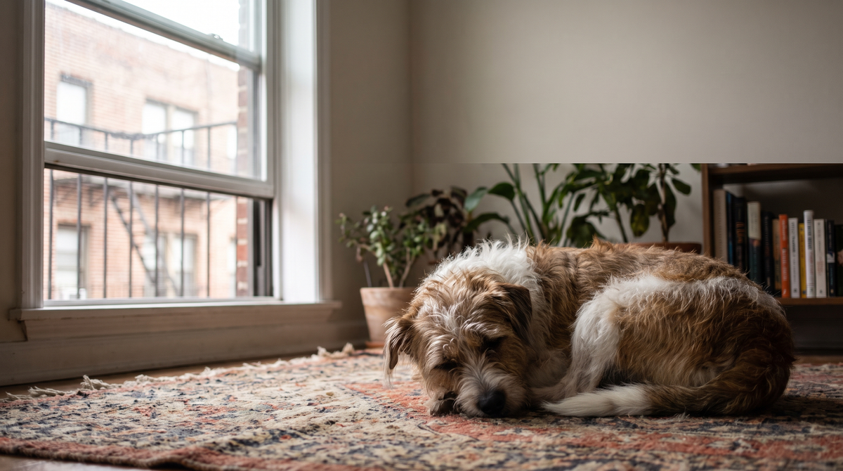 A small terrier mix lying on a rug in a compact apartment living room with a window cracked open