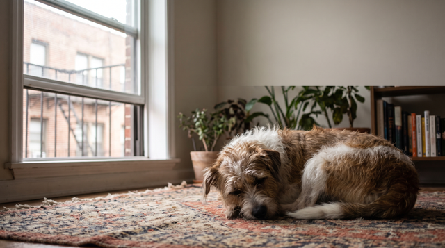 A small terrier mix lying on a rug in a compact apartment living room with a window cracked open