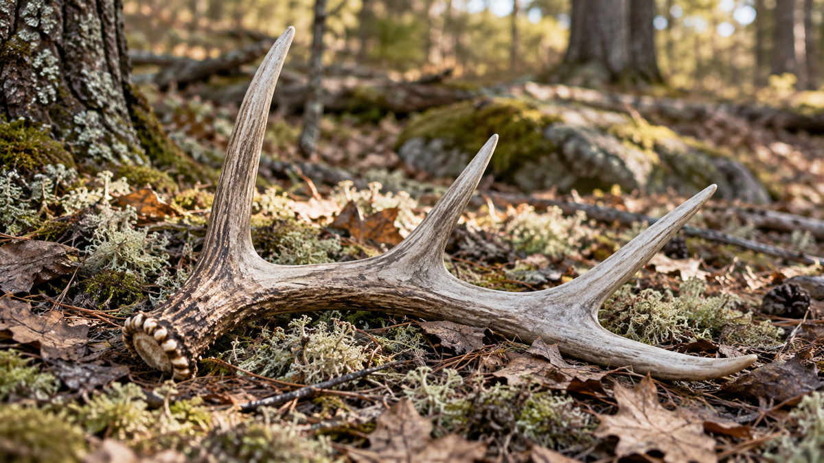 A naturally shed antler lies among moss and dry leaves on a forest floor.