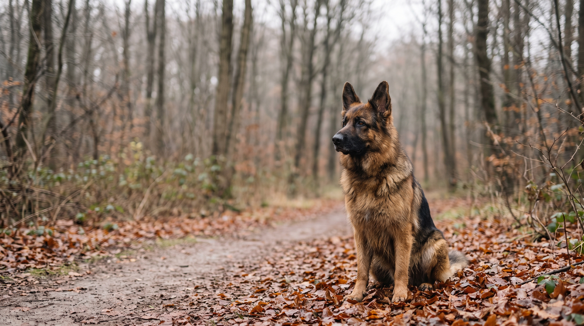 A German shepherd sitting alert on fallen autumn leaves beside a wooded trail with bare trees behind it