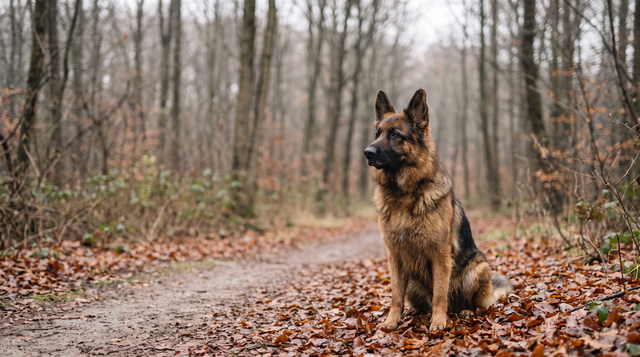 A German shepherd sitting alert on fallen autumn leaves beside a wooded trail with bare trees behind it