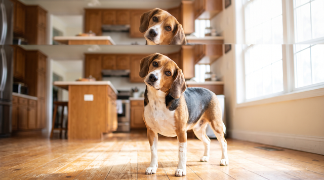 A beagle standing on a kitchen floor looking up at the camera with its head cocked to one side