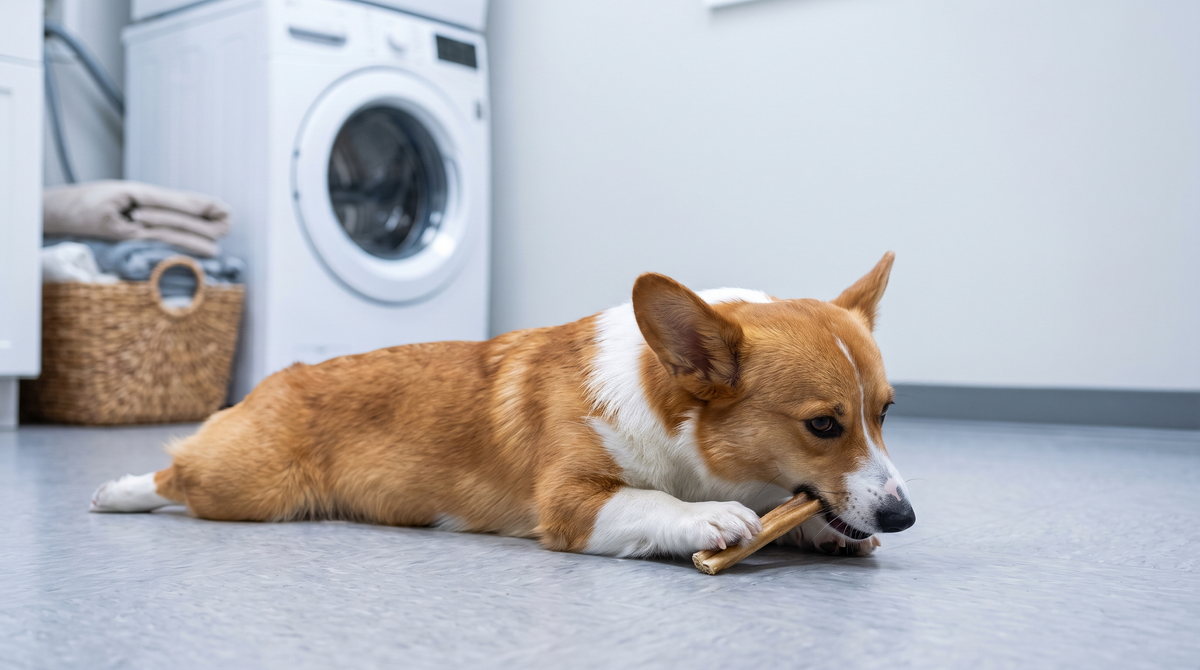 A Pembroke Welsh corgi lying belly-down on a laundry-room floor chewing a plain dried stick held between its front paws