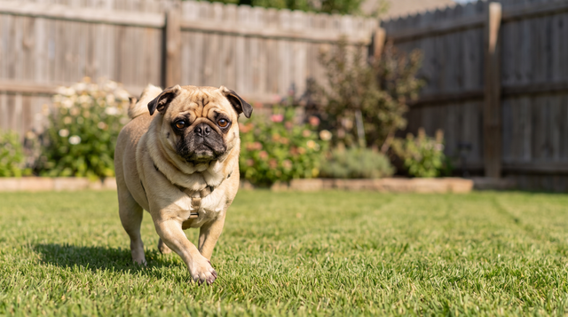 A stocky pug walking across a mown back-yard lawn toward the camera in bright morning sunlight