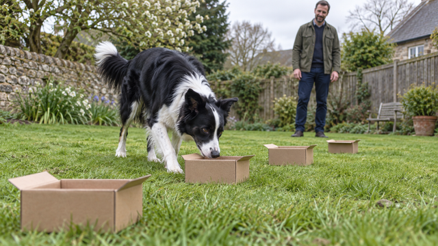 Dog searching a trail of scent boxes while an adult handler observes.