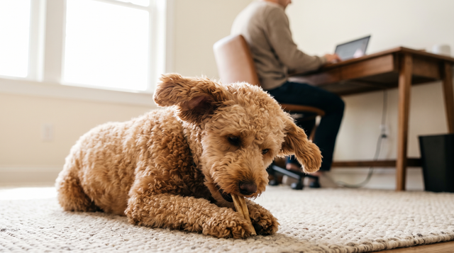 An apricot poodle mix lying on a home office rug chewing a natural dried stick while a person works at a desk behind