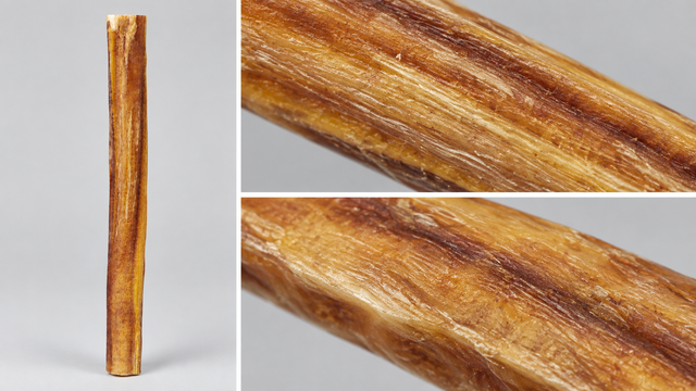 A bully stick shown in full profile and close surface views highlighting its longitudinal grain.