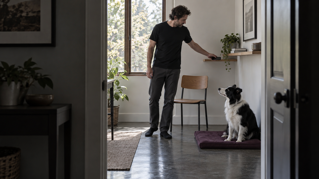 An owner setting a phone face down beside a chair and a waiting dog’s chew mat.