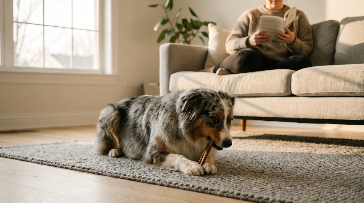 A blue merle australian shepherd lying on a grey rug in a living room chewing a plain dried beef stick, with a person reading on the sofa behind
