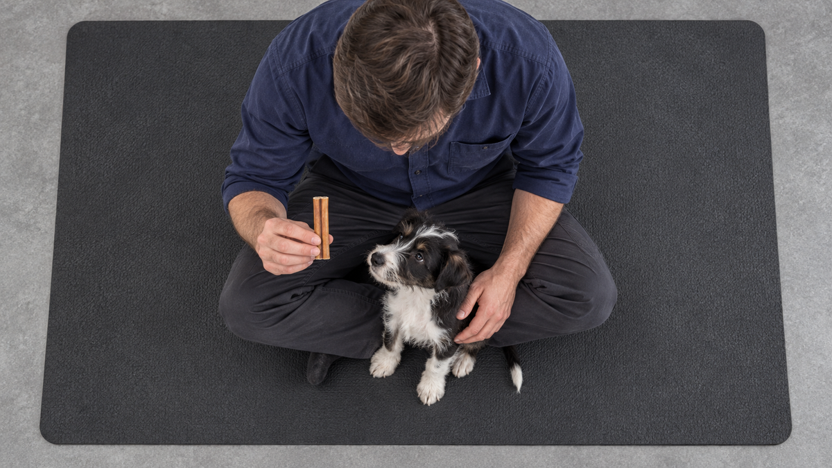 Overhead view of an adult closely supervising a puppy as they prepare for a short chew session.