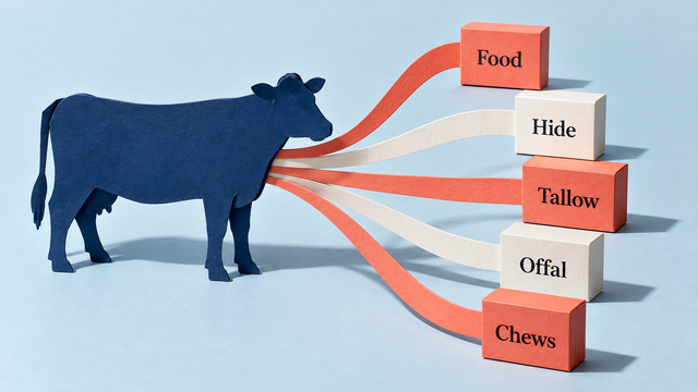 A paper model showing food, hide, tallow, offal and chews as separate material streams from one animal.