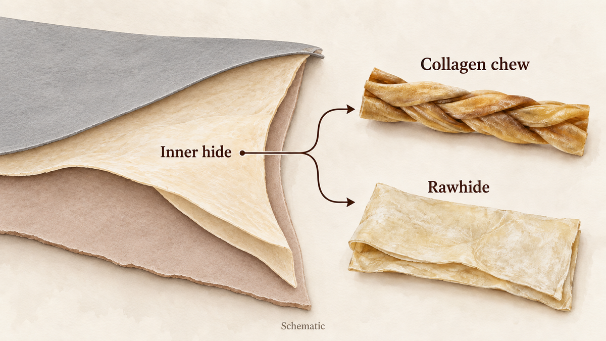 Schematic neutral hide layers show shared inner-hide tissue branching to a collagen braid and a generic rawhide sheet.