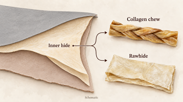 Schematic neutral hide layers show shared inner-hide tissue branching to a collagen braid and a generic rawhide sheet.