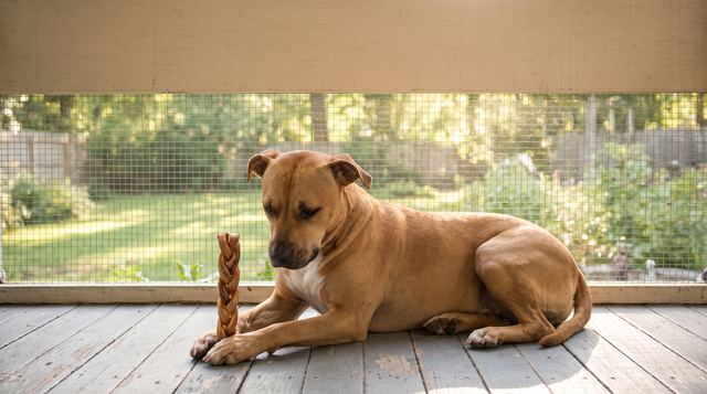 A tan short-coated dog lying on a screened porch holding a braided natural chew upright between its front paws