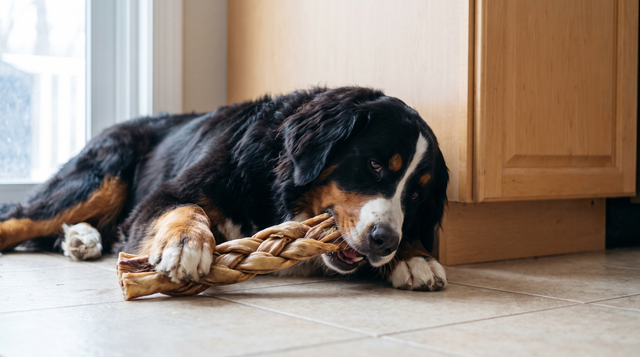 A Bernese mountain dog lying on a kitchen tile floor chewing a braided natural chew held between its front paws