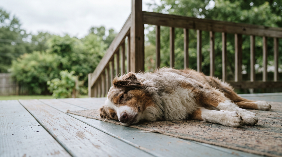 An australian shepherd lying stretched out and relaxed on the painted boards of a shaded back porch.