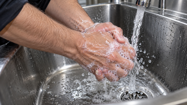 An adult washing both hands with soap and running water after handling dog chews.