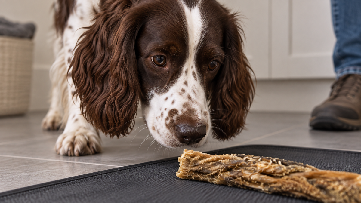 Adult dog investigating the scent of a lamb tripe chew on a washable mat.