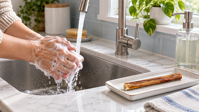 Hands wash with soap at a sink while a bully stick rests separately on a dry tray.