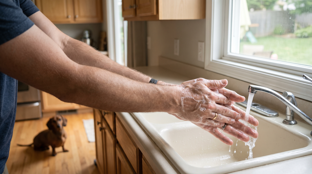 A person lathering their hands with soap at a kitchen sink while a dachshund waits on the floor behind them