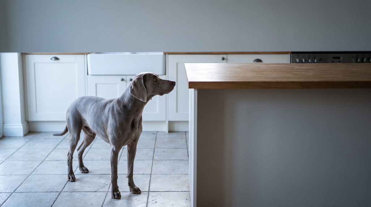 A weimaraner standing on a pale tile kitchen floor with its head turned toward the counter in cool morning light.