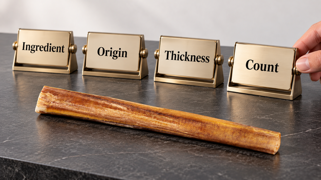 Four counter signs reading Ingredient, Origin, Thickness and Count beside a bully stick.